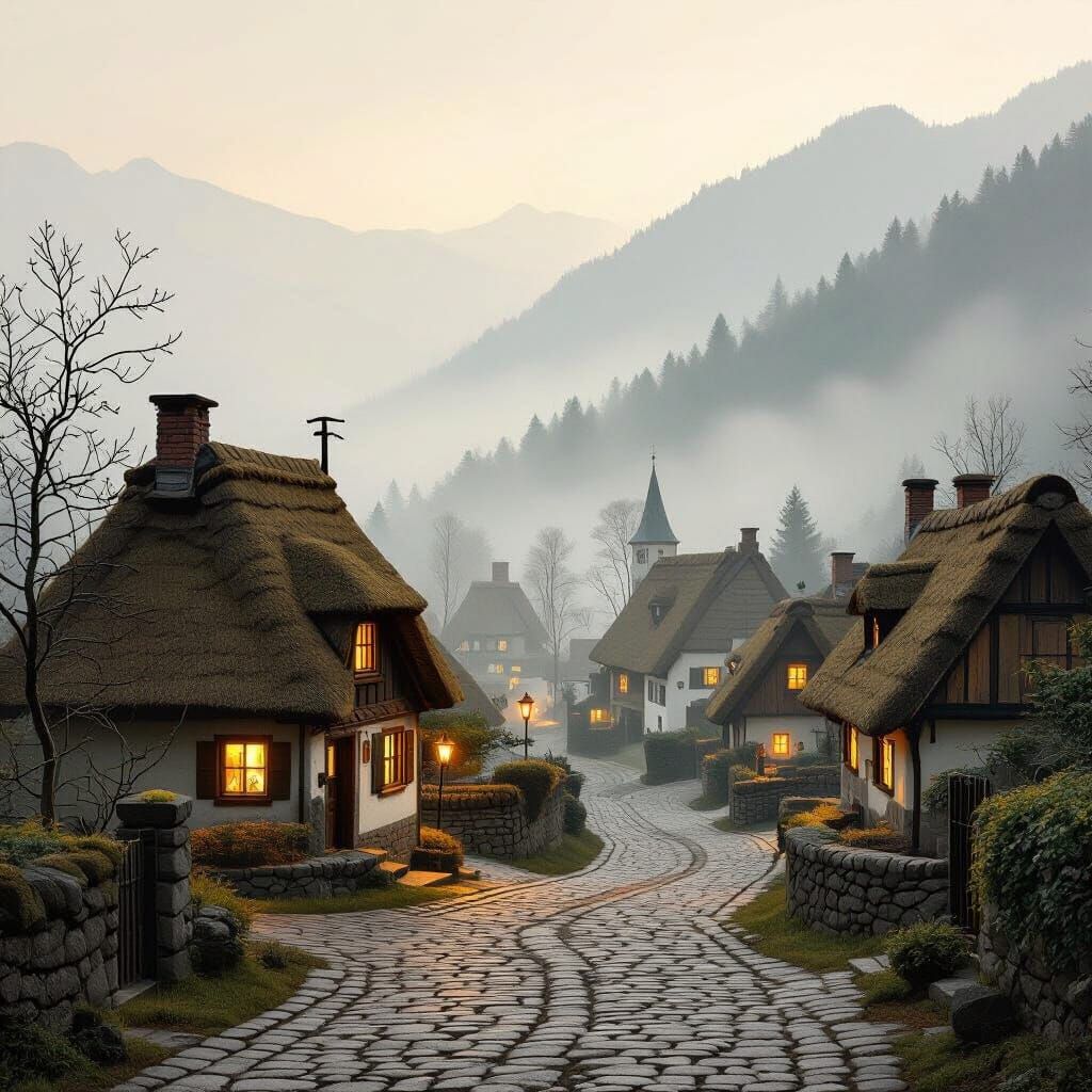Misty Mountain Village in Romantic Style