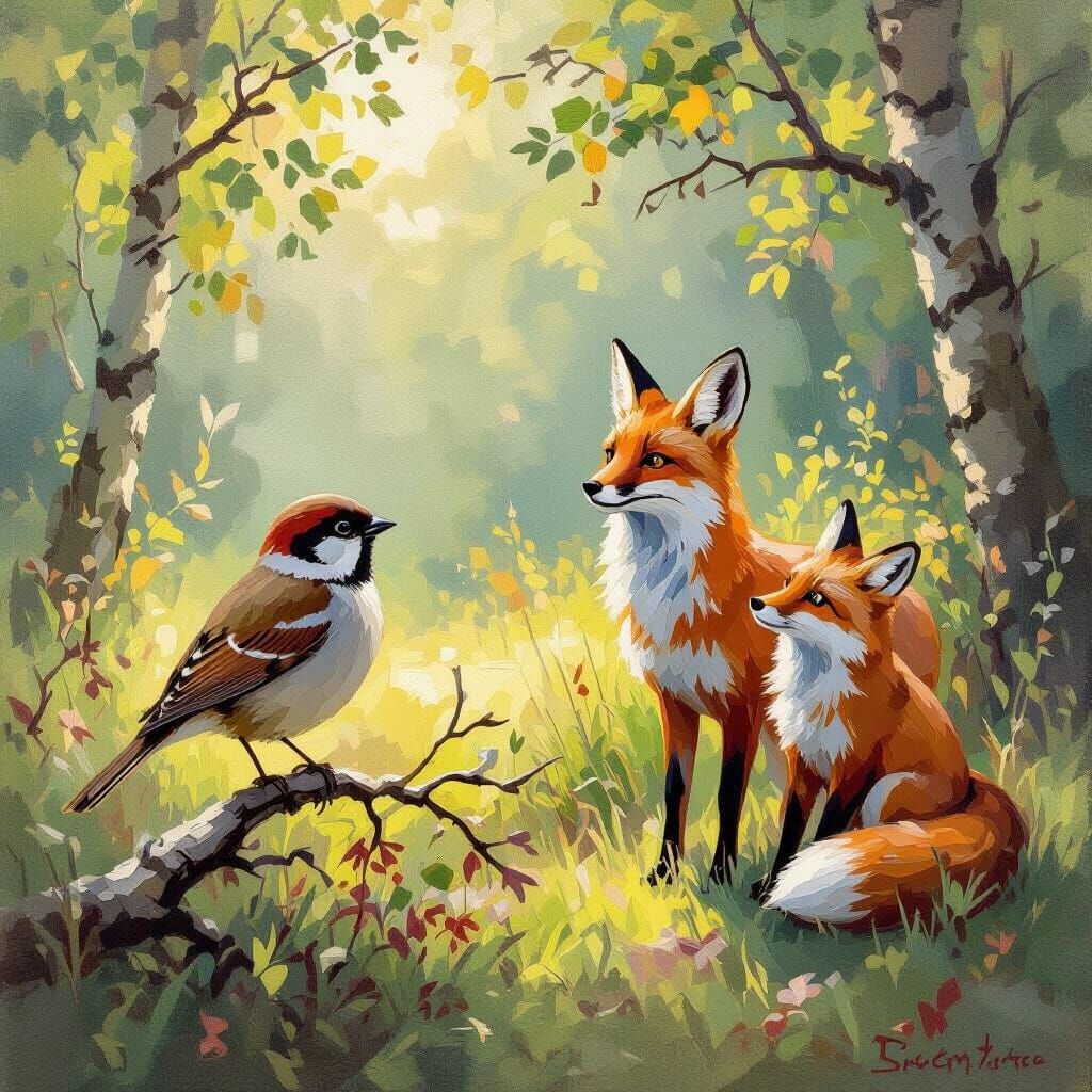 Sparrow Hopes for Friendship with Deer and Fox in Forest