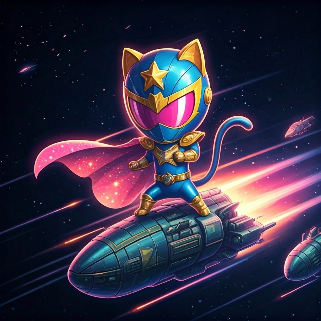 Retrofuturistic Space Hero Chibi Cat in Dynamic Pose