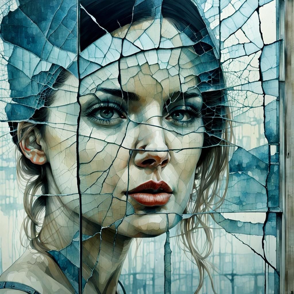 Woman in Cracked Mirror: Double Exposure Art