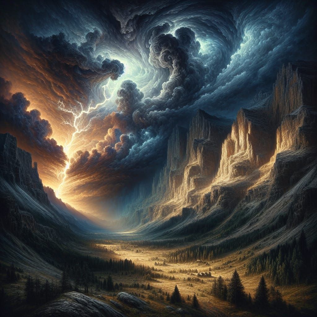 Wild Storm Over Mountain Valley in Chiaroscuro Lighting