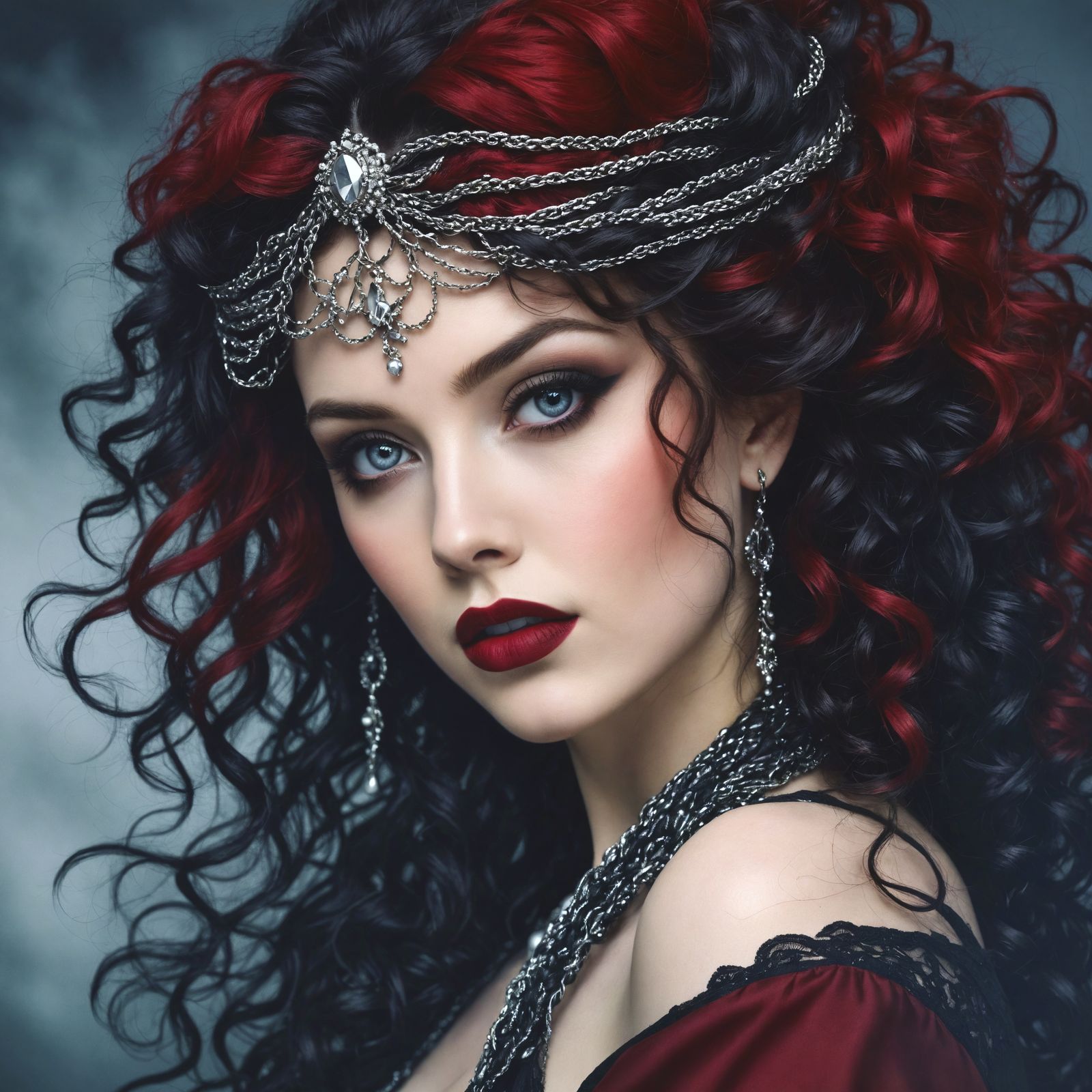 Gothic Woman with Piercing Eyes, Dramatic Lighting