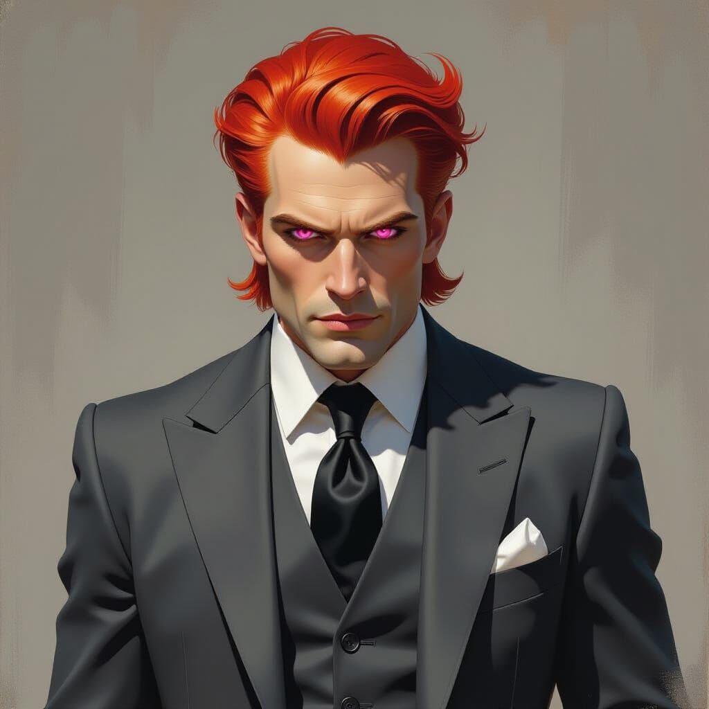 Mysterious Gentleman with Pink Eyes in Dark Fantasy Style