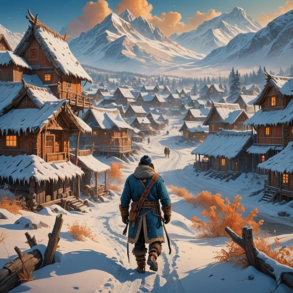 Trapper's Journey to a Snowy Village