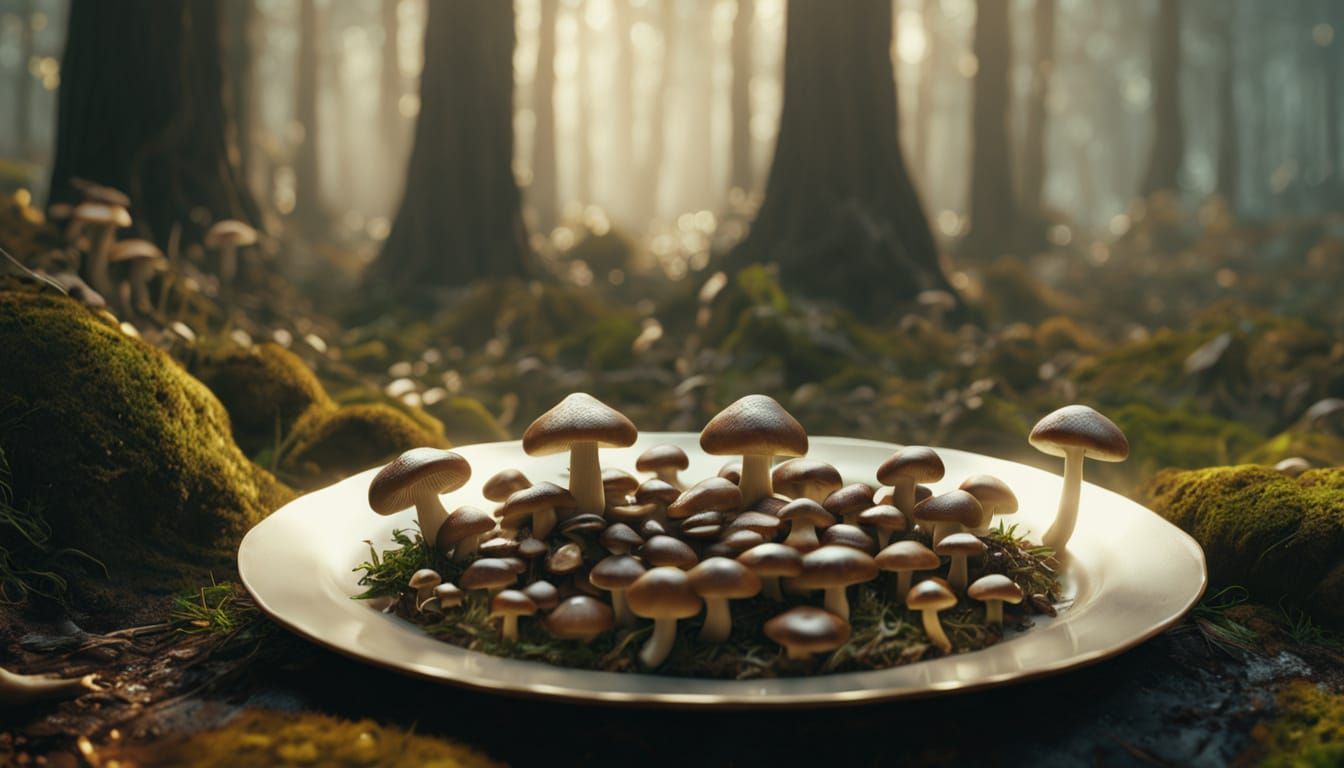 Cooked Mushrooms in Golden Light, Digital Painting