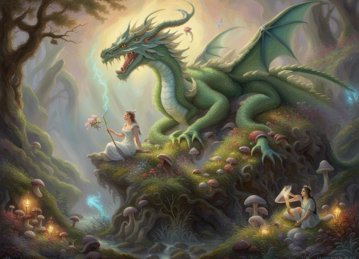 Moss Dragon and Faun Druid in Fairy Forest