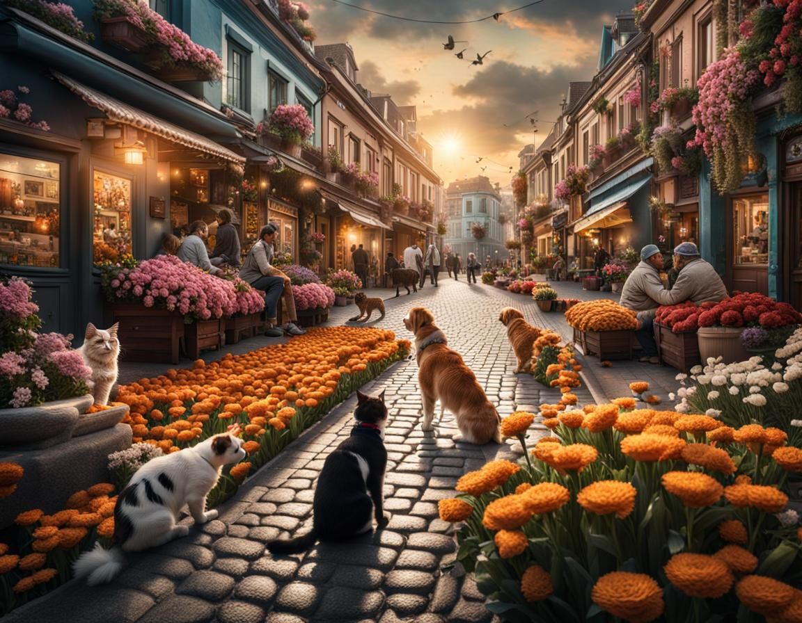 Harmonious Flower City with People and Animals