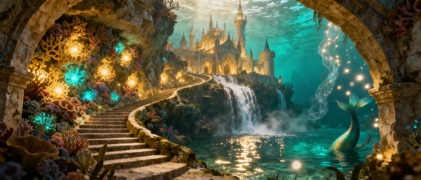 Magical Underwater Mermaid Kingdom with Castle and Waterfall...