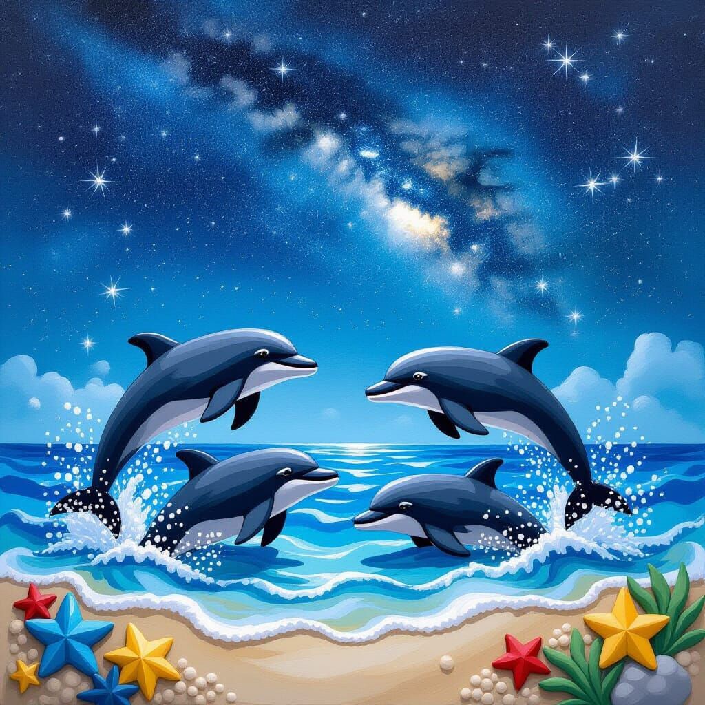 Claymation Dolphins Play Under Starry Seascape