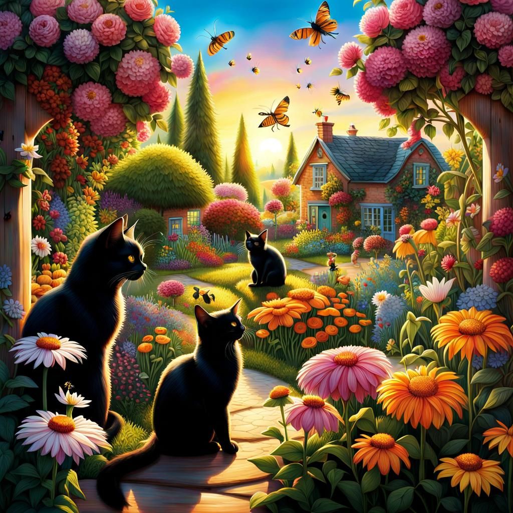 Family Garden Scene with Cat in Matte Painting