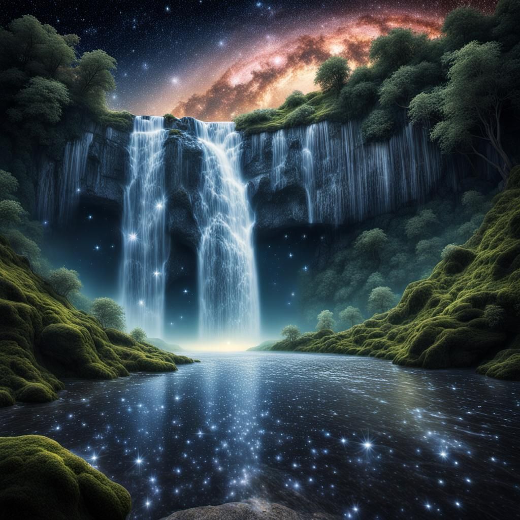 Surreal Waterfall of Stars in Moonlit Landscape