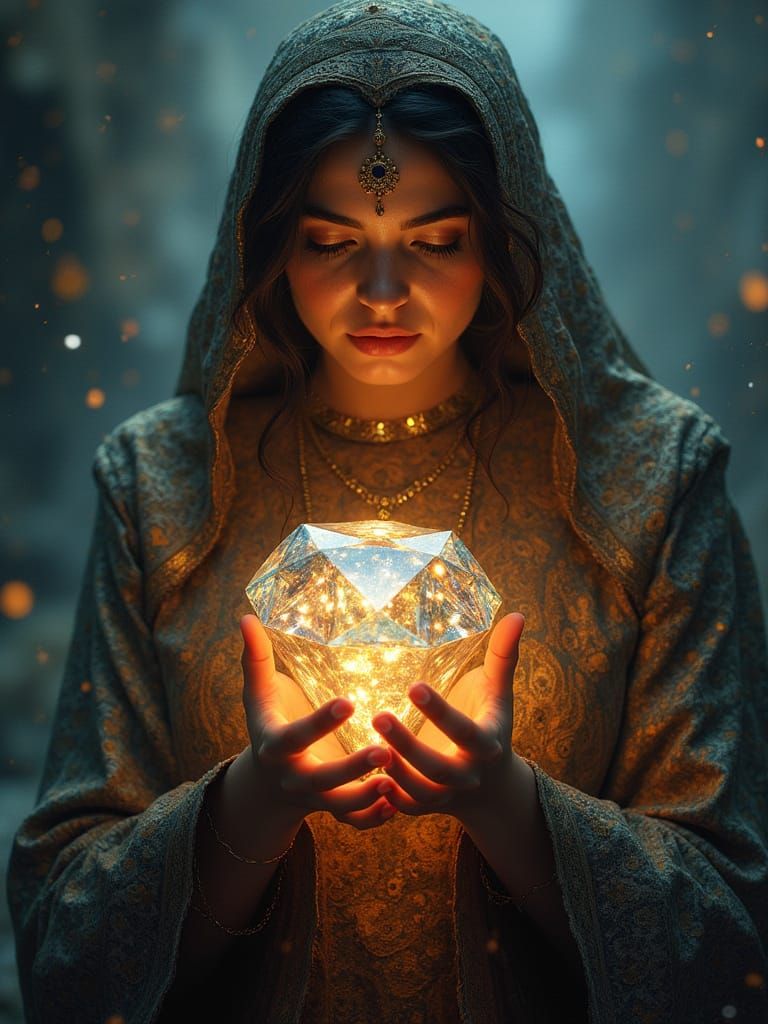 Hopeful Iranian Goddess Cradles Diamond in Stormy Persian La...