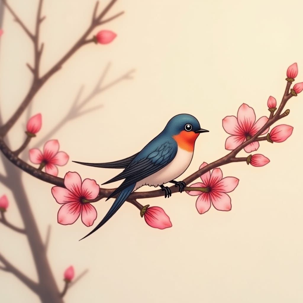 Swallow and Cherry Blossom Tattoo in Miyazaki Style
