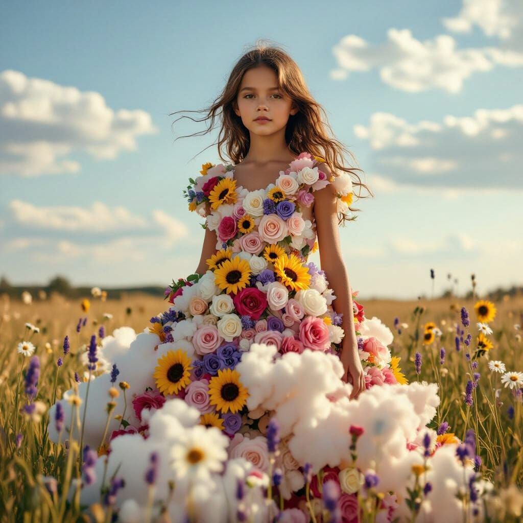 Girl in Floral Dress in Sunlit Field