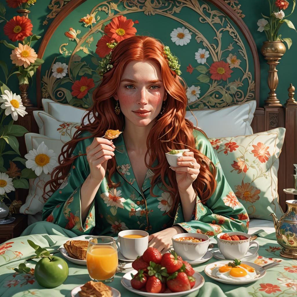 Red Haired Woman's Luxurious Breakfast: Hyperdetailed Portra...