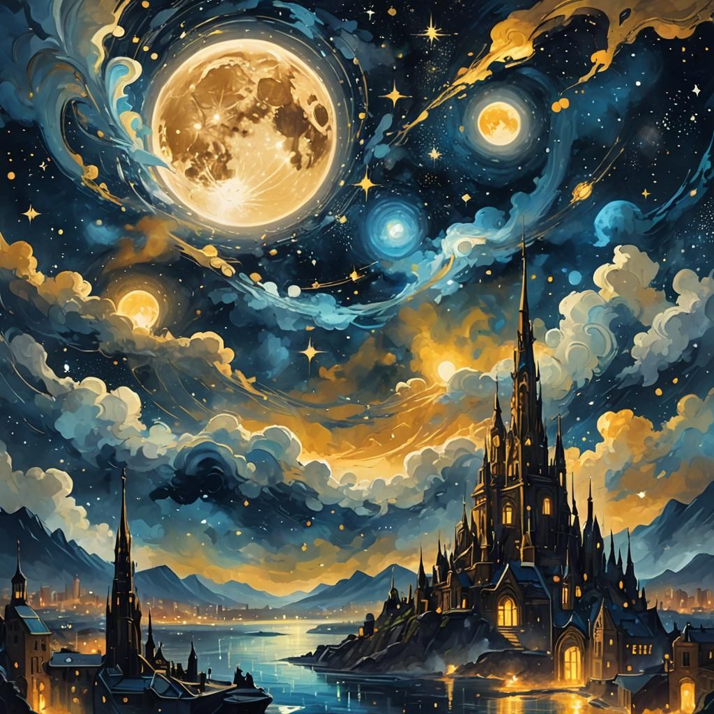 Celestial Cityscape Under Starry Night Sky