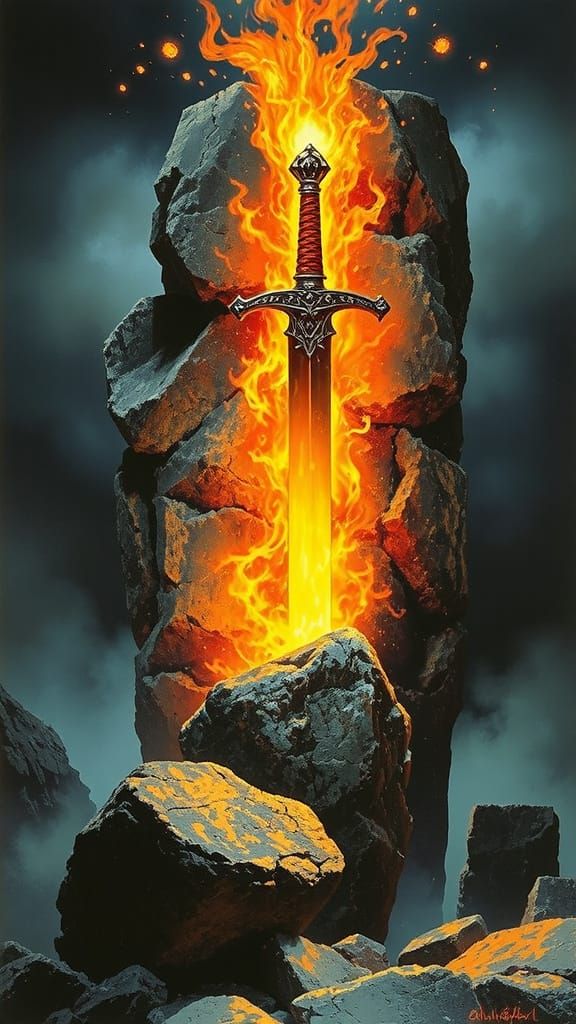 Fiery Blade Embedded in Ancient Monument