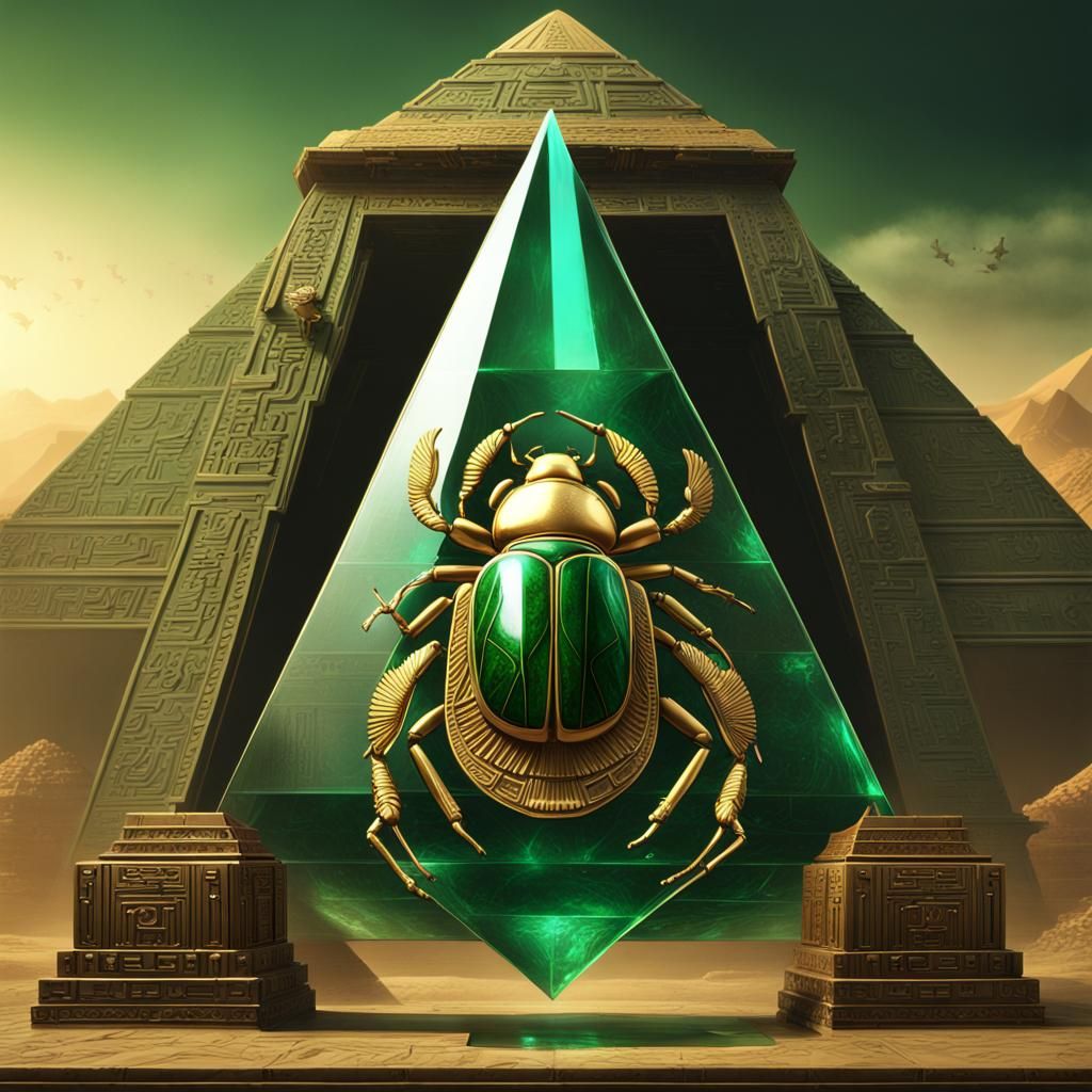 Emerald Scarab Beetle Pyramid with Hieroglyphics