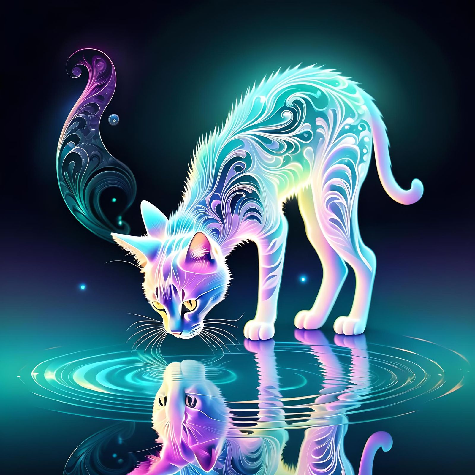 Luminous Feline Gazing at Pond Reflection