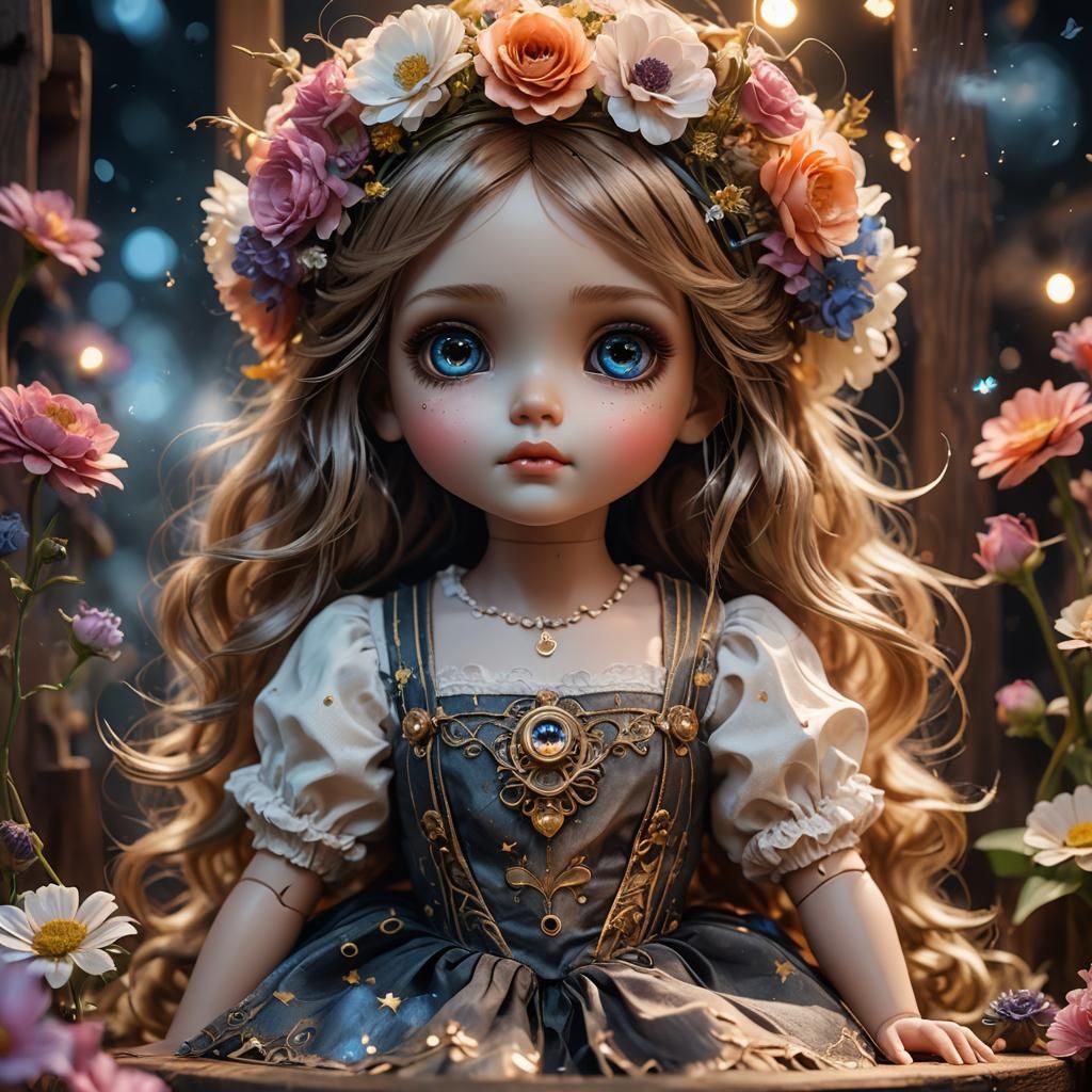 Macro Doll Portrait with Flowers and Stars