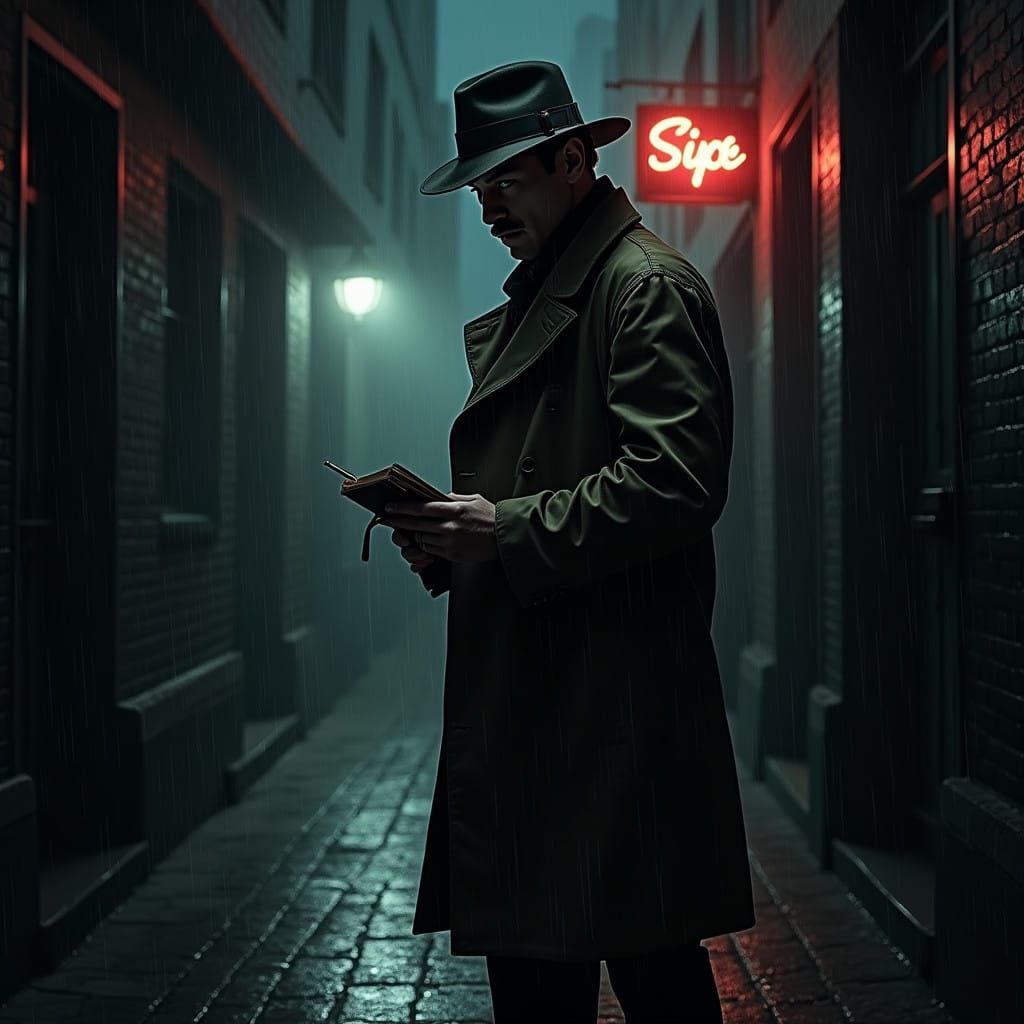 Rainy Night Detective in Film Noir Style