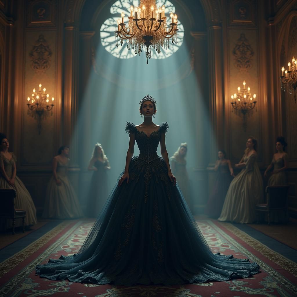 Maliciously Beautiful Cinderella in Opulent Ballroom
