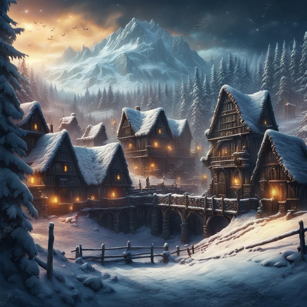 Snowy Roman Sawmill Village in Dark Fantasy Style