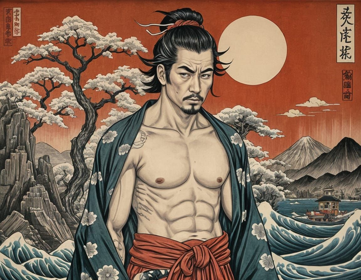 Samurai Warrior in Traditional Ink Drawing