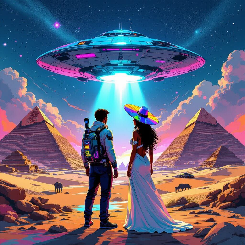 Adam & Eve with Funky Woman, Spaceship, Pyramids in Street A...