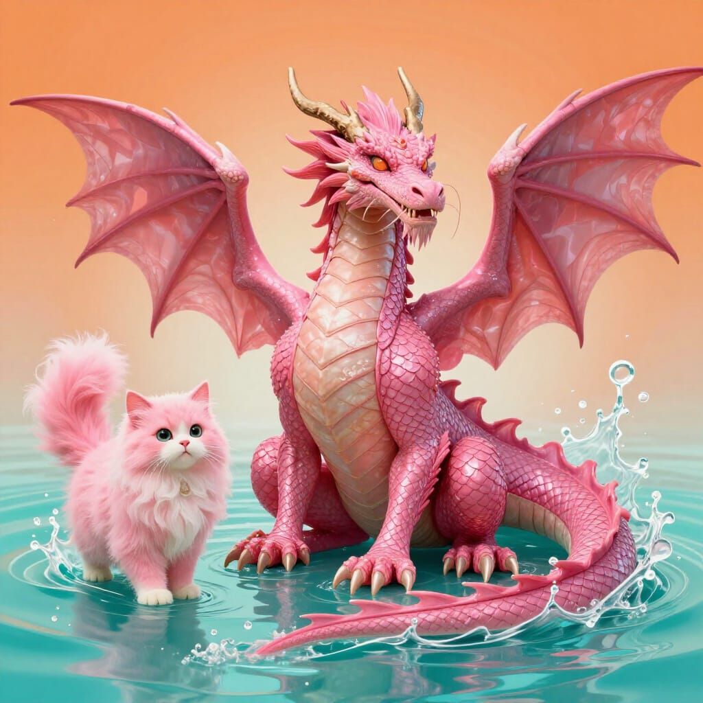 Pink Dragon and Cat in Pool, Alcohol Ink Style