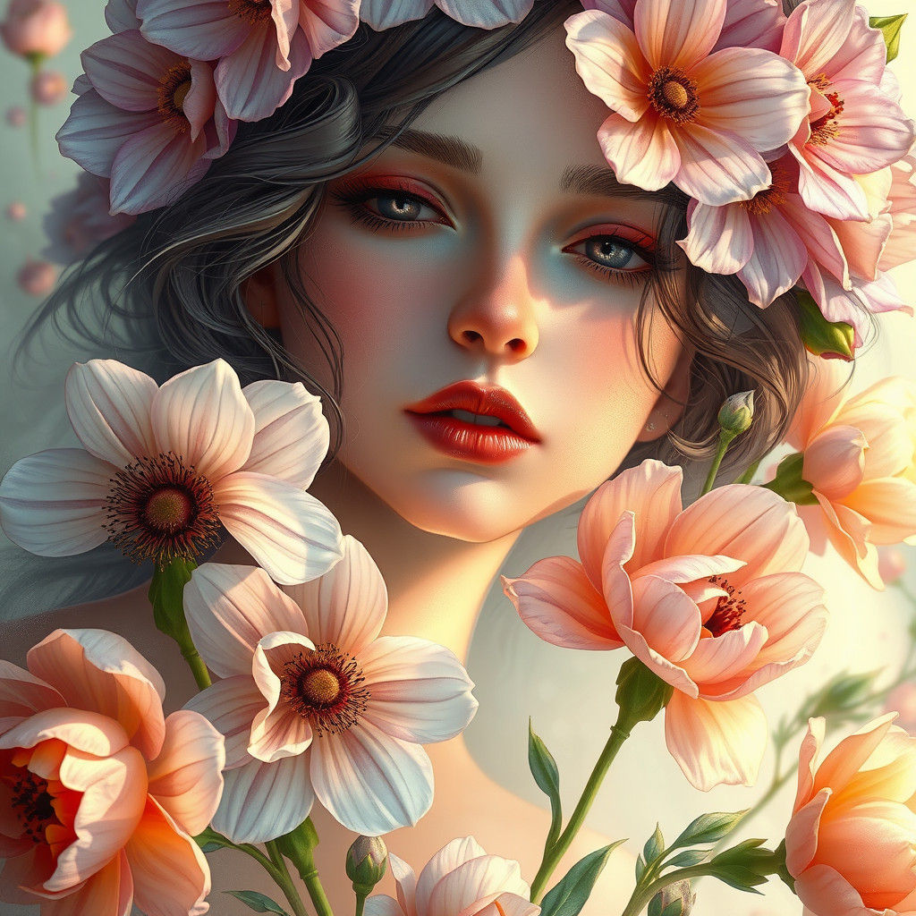 Ethereal Flower Girl Portrait in Art Nouveau Style