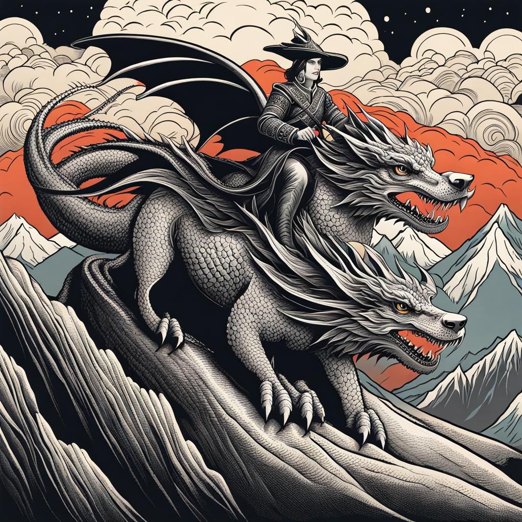 Dog Rides Dragon Over Mountains