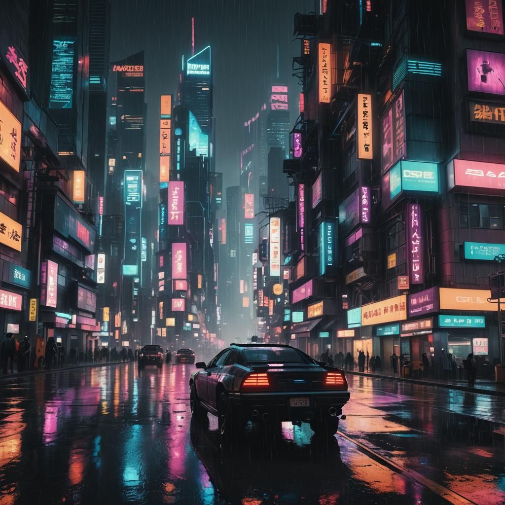 Cyberpunk Metropolis at Night: Neon and Rain