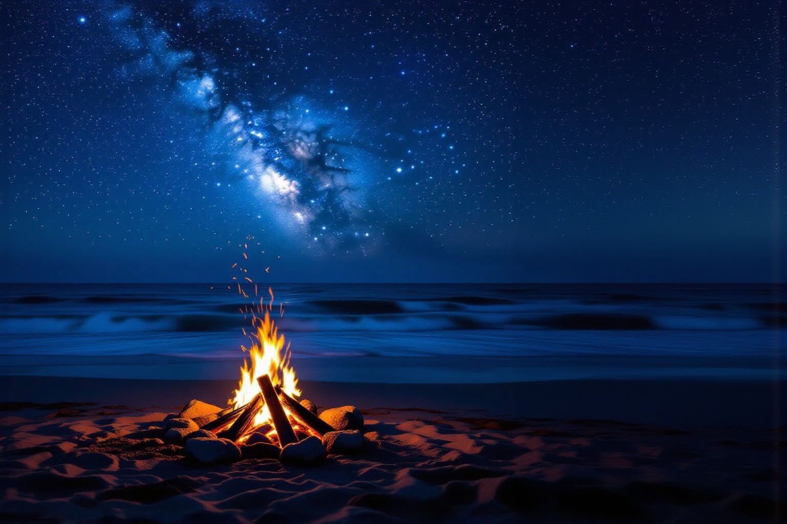 Nighttime Campfire Under Starry Sky on Beach