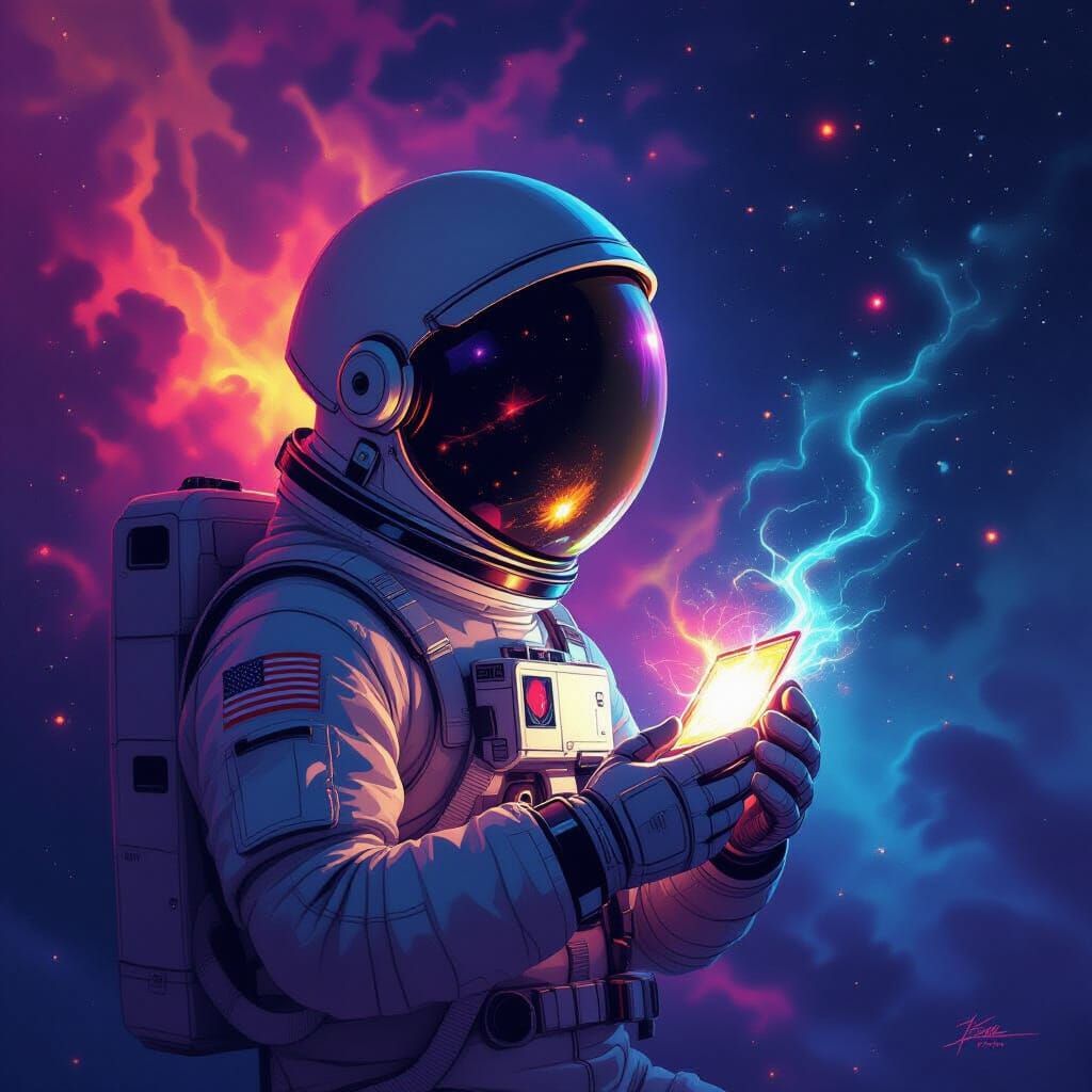 Astronaut Adrift in Nebula, Clutching Glowing Locket