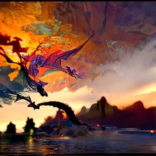Dragons Flying Over Water at Sunset: Fantasy Art