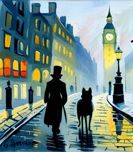 Misty London Street Scene in Gouache Style