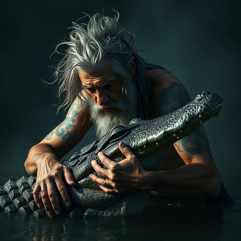 Elderly Man Assists Alligator in Hyperrealistic Style