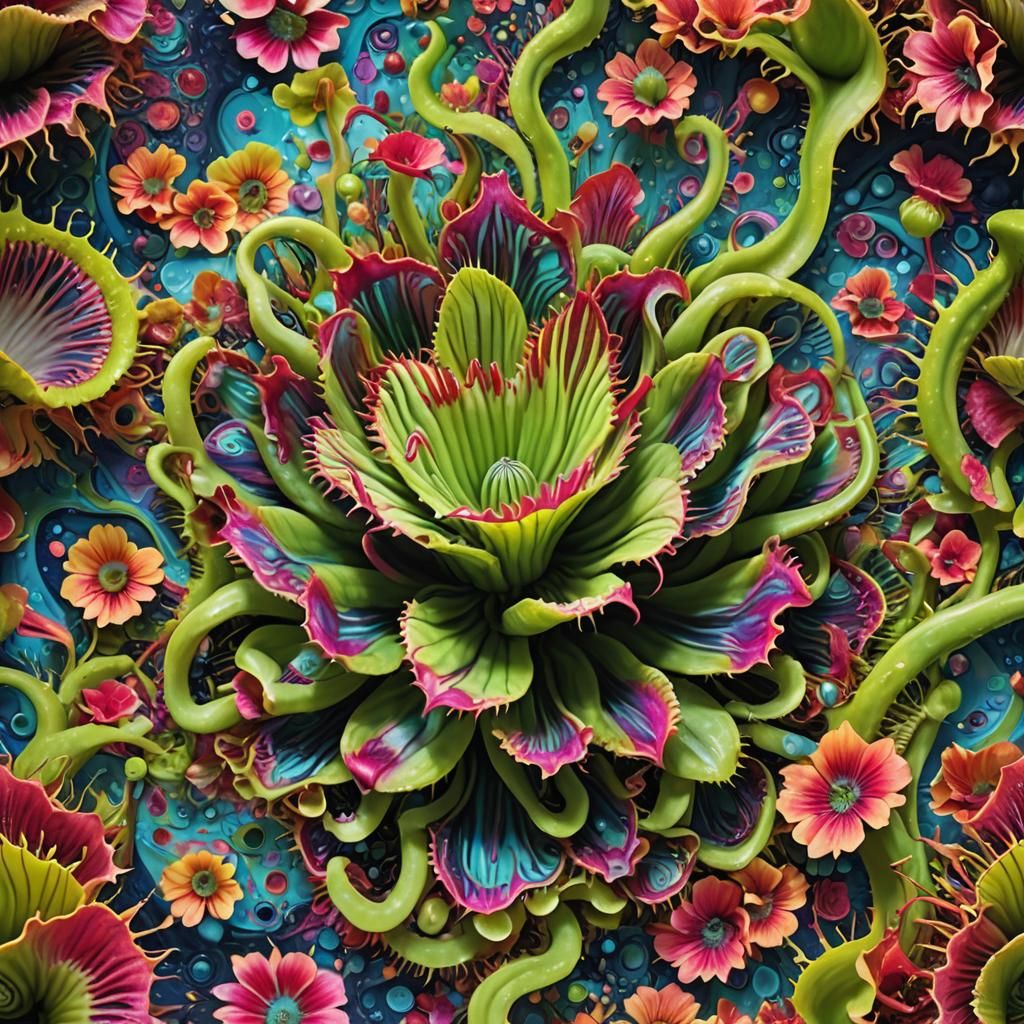 Surreal Venus Flytrap in a Vortex of Color