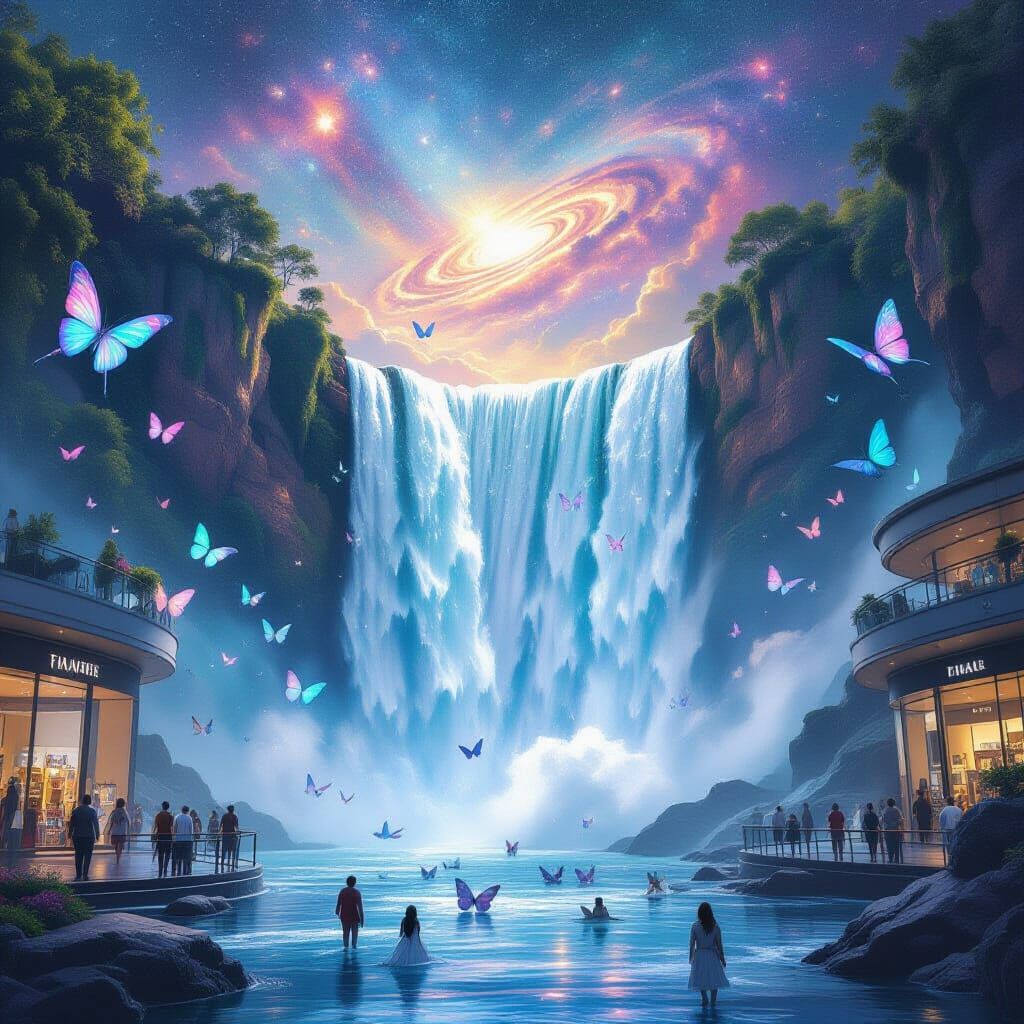 Cosmic Waterfall Cascades Over Shopping Mall, Surreal Art