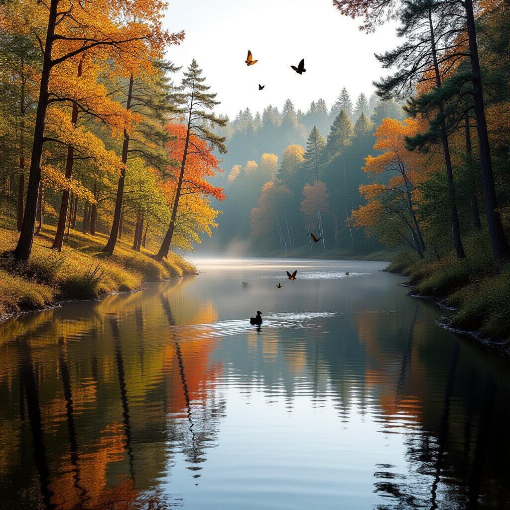 Peaceful River and Forest Scene with Birds and Butterflies