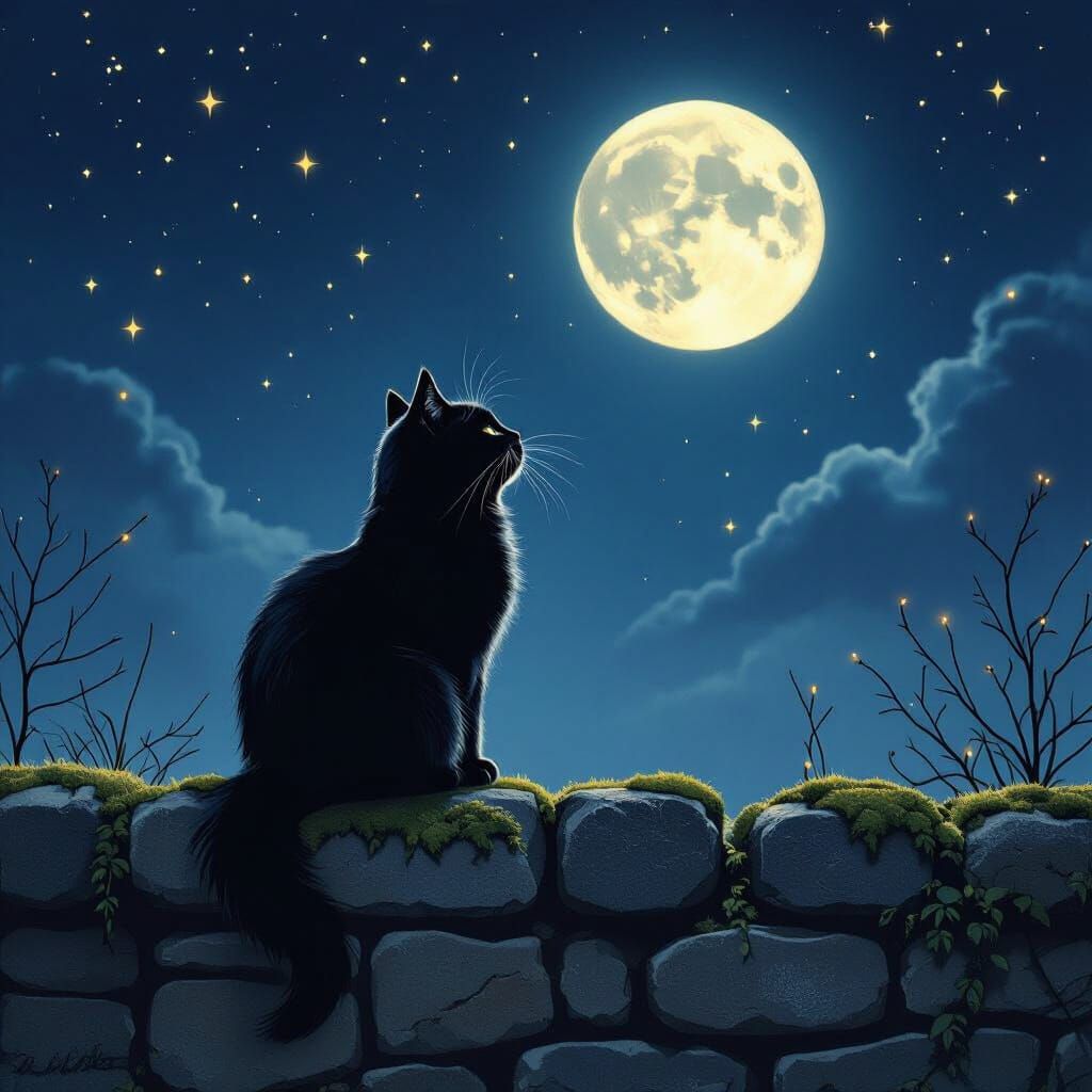 Mystical Black Cat Gazing at Moon, Dark Fantasy Style