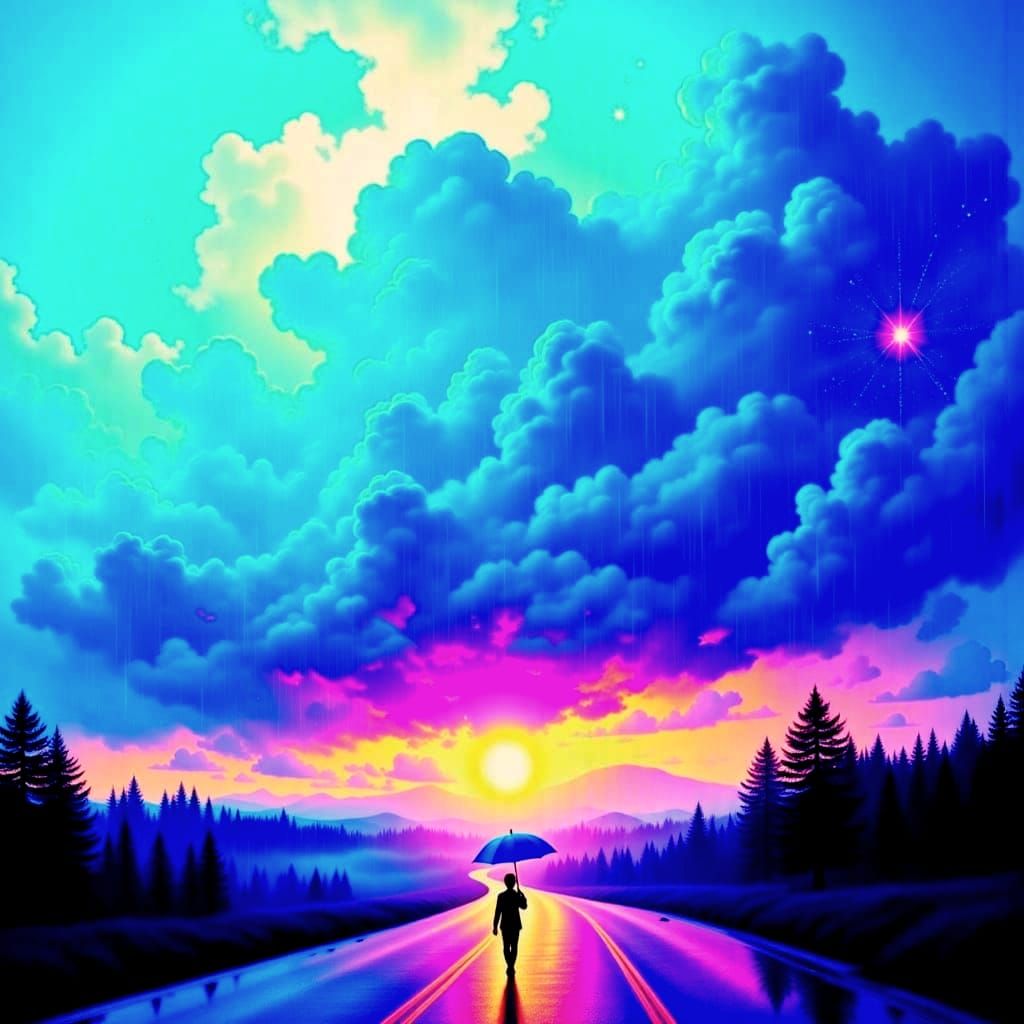 Dreamy Synthwave Landscape Under Rainy Skies