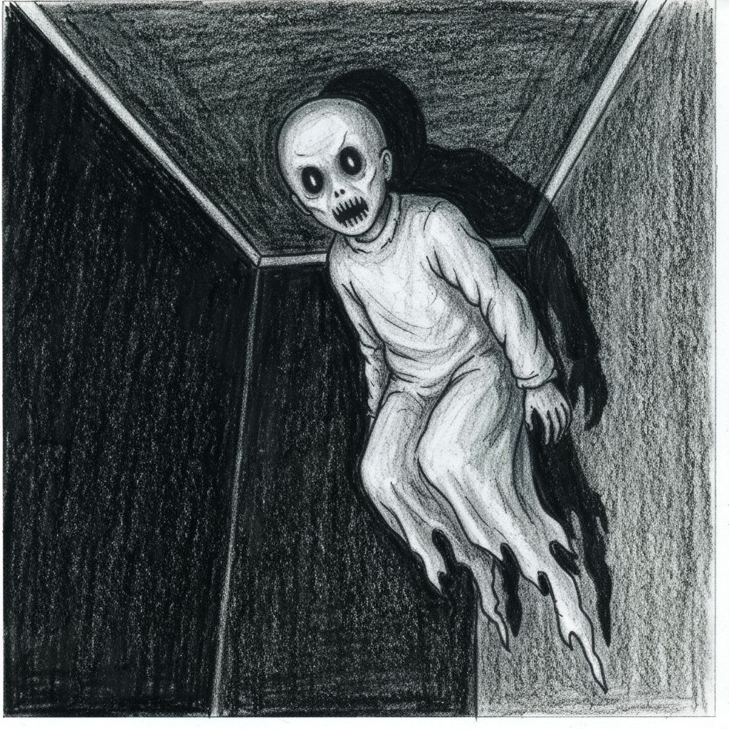 Creepy Evil Child Ghost Lurking in Dark Room