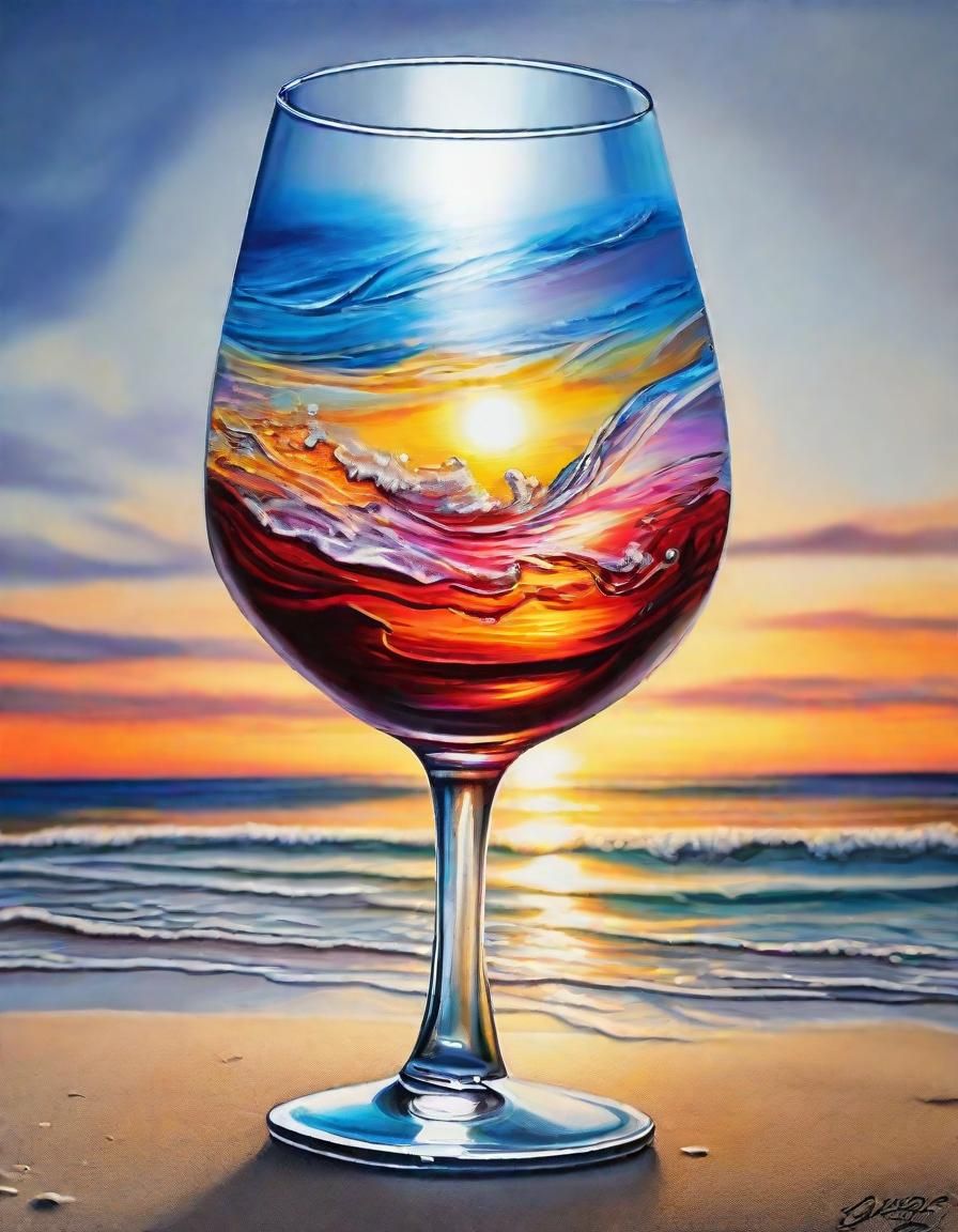 A picture perfect illustration of cool colors brushstrokes of a beautiful wine glass with a Stunning Beach Sunset within...