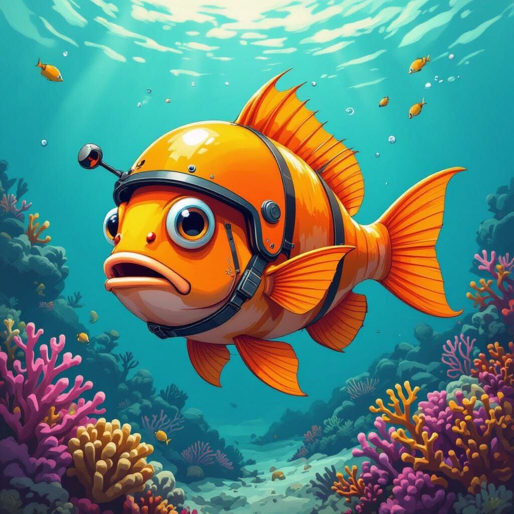 Goofy Anglerfish in Bright Helmet Swims Coral Reef