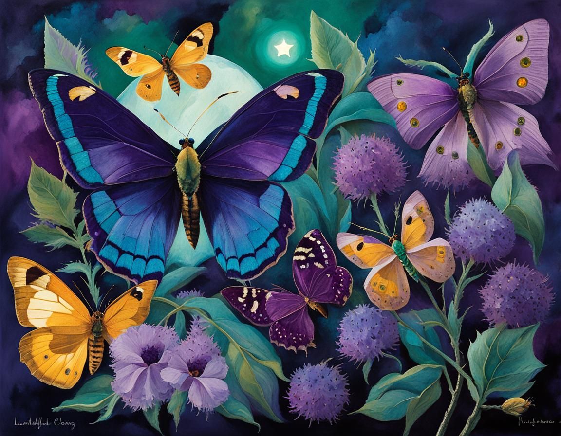 Moonlit Moths with Gemstones in Abstract Style