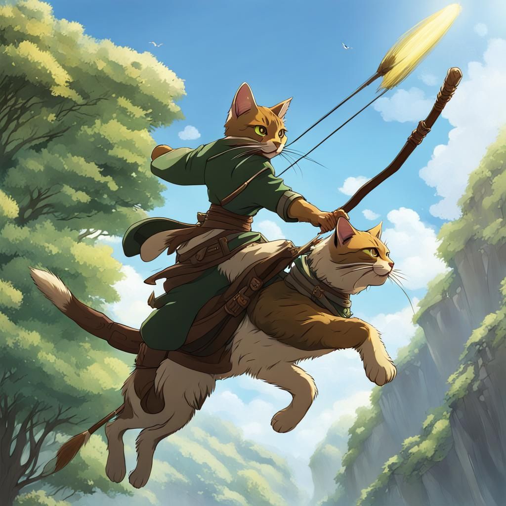 Tabaxi riding flying cat-broom