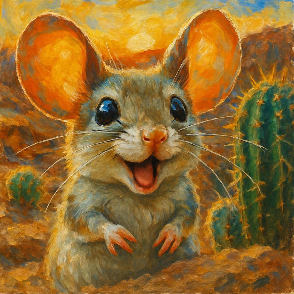 Happy Desert Mouse Close-Up: Impressionist Gouache Style