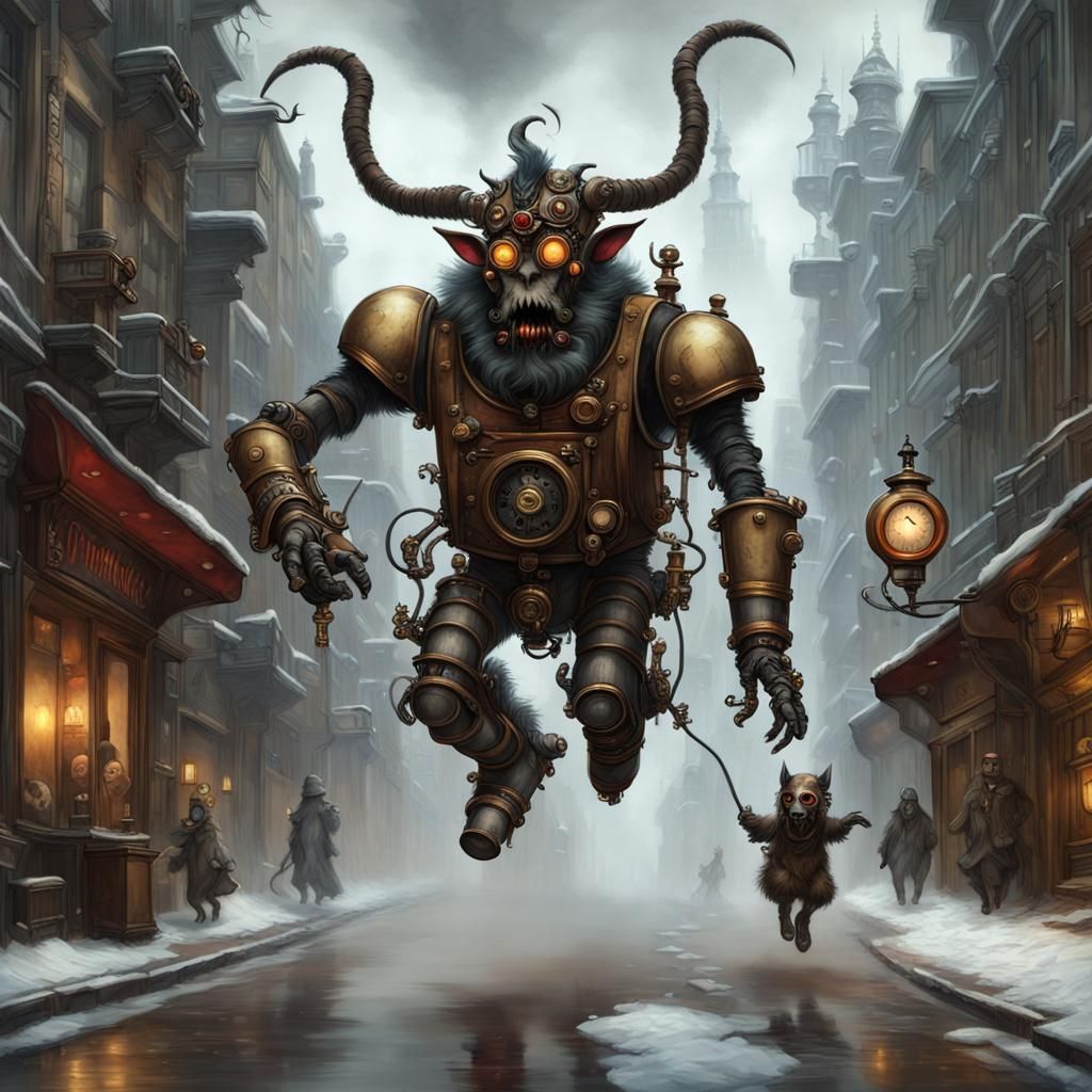 Steampunk Krampus Robot in a Steampunk City
